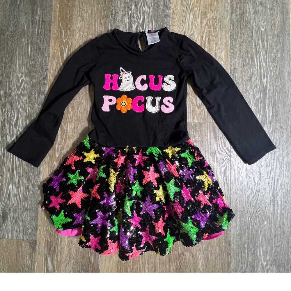 Counting Daisies Dress Kids M 7/8 Black Hocus Pocus Sequin Star Tutu Halloween
